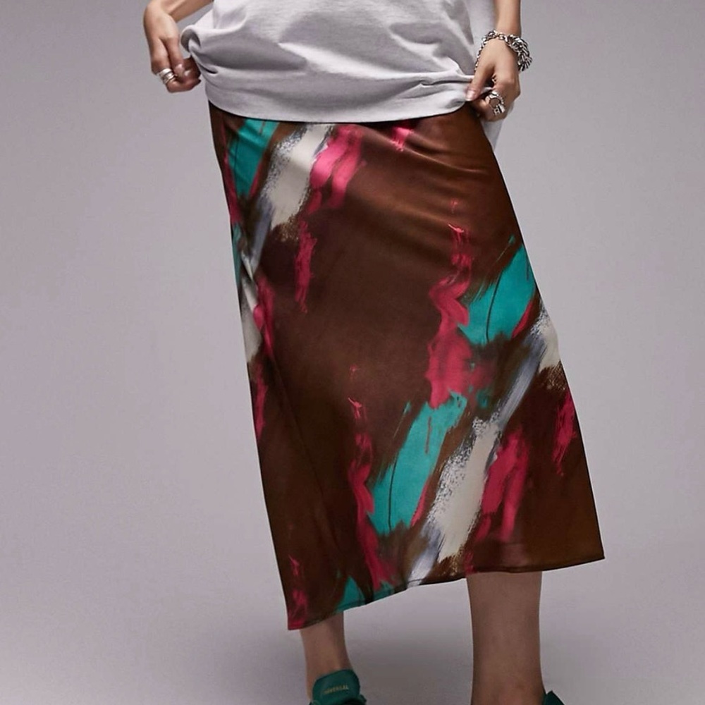 Topshop Brown and Pink Midi Skirt